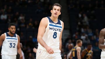 MINNEAPOLIS, MN - OCTOBER 24: Nemanja Bjelica #8 of the Minnesota Timberwolves looks on during the game against the Indiana Pacers on October 24, 2017 at Target Center in Minneapolis, Minnesota. NOTE TO USER: User expressly acknowledges and agrees that, by downloading and or using this Photograph, user is consenting to the terms and conditions of the Getty Images License Agreement. Mandatory Copyright Notice: Copyright 2017 NBAE (Photo by David Sherman/NBAE via Getty Images)