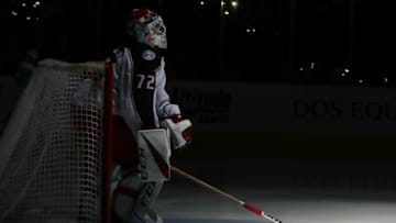 DENVER, CO - FEBRUARY 5: Goaltender Sergei Bobrovsky #72 of the Columbus Blue Jackets stands in goal prior to the start of the 3rd period against the Colorado Avalanche at the Pepsi Center on February 5, 2019 in Denver, Colorado. The Blue Jackets defeated the Avalanche 6-3. (Photo by Michael Martin/NHLI via Getty Images)