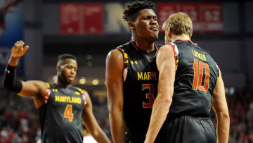 Feb 3, 2016; Lincoln, NE, USA; Maryland Terrapins forward Robert Carter (4) and center Diamond Stone (33) and forward Jake Layman (10) celebrate in the contest against the Nebraska Cornhuskers during the second half at Pinnacle Bank Arena. Maryland defeated Nebraska 70-65. Mandatory Credit: Steven Branscombe-USA TODAY Sports