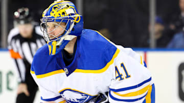 Mar 27, 2022; New York, New York, USA; Buffalo Sabres goaltender Craig Anderson (41) defends the goal against the New York Rangers at Madison Square Garden. Mandatory Credit: Jessica Alcheh-USA TODAY Sports