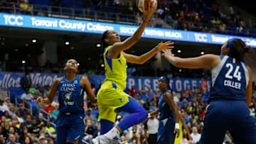 ARLINGTON, TX - JUNE 1: Azura Stevens #30 of the Dallas Wings shoots the ball against the Minnesota Lynx on June 1, 2019 at the College Park Arena in Arlington, Texas. NOTE TO USER: User expressly acknowledges and agrees that, by downloading and or using this photograph, User is consenting to the terms and conditions of the Getty Images License Agreement. Mandatory Copyright Notice: Copyright 2019 NBAE (Photo by Tim Heitman/NBAE via Getty Images)