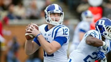 Nov 28, 2015; Winston-Salem, NC, USA; Duke Blue Devils quarterback Parker Boehme looks to pass the ball during the first quarter against the Wake Forest Demon Deacons at BB&T Field. Mandatory Credit: Jeremy Brevard-USA TODAY Sports