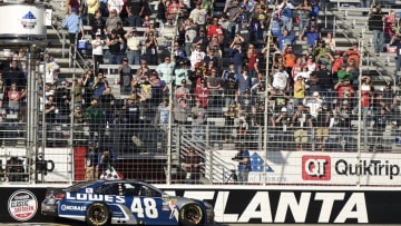 Feb 28, 2016; Hampton, GA, USA; NASCAR Sprint Cup Series driver Jimmie Johnson (48) celebrates after winning the Folds of Honor QuikTrip 500 at Atlanta Motor Speedway. Mandatory Credit: John David Mercer-USA TODAY Sports