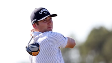 HOUSTON, TEXAS - NOVEMBER 07: Sam Burns of the United States plays his shot from the 18th tee during the third round of the Houston Open at Memorial Park Golf Course on November 07, 2020 in Houston, Texas. (Photo by Maddie Meyer/Getty Images)