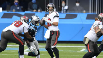 CHARLOTTE, NORTH CAROLINA - NOVEMBER 15: Tom Brady #12 of the Tampa Bay Buccaneers looks to pass against the Carolina Panthers during their NFL game at Bank of America Stadium on November 15, 2020 in Charlotte, North Carolina. (Photo by Grant Halverson/Getty Images)