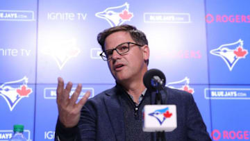 General manager Ross Atkins of the Toronto Blue Jays speaks to the media. (Photo by Tom Szczerbowski/Getty Images)