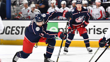 COLUMBUS, OH - APRIL 23: Seth Jones #3 of the Columbus Blue Jackets skates against the Washington Capitals in Game Six of the Eastern Conference First Round during the 2018 NHL Stanley Cup Playoffs on April 23, 2018 at Nationwide Arena in Columbus, Ohio. (Photo by Jamie Sabau/NHLI via Getty Images) *** Local Caption *** Seth Jones