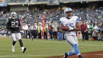 Aug 15, 2014; Oakland, CA, USA; Detroit Lions wide receiver Golden Tate (15) reacts after catching touchdown pass against the Oakland Raiders in the first quarter at O.co Coliseum. Mandatory Credit: Cary Edmondson-USA TODAY Sports