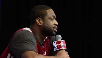 Jun 7, 2014; San Antonio, TX, USA; Miami Heat guard Dwyane Wade (3) talks to the media during practice before game 2 of the 2014 NBA Finals at Spurs Practice Facility. Mandatory Credit: Bob Donnan-USA TODAY Sports
