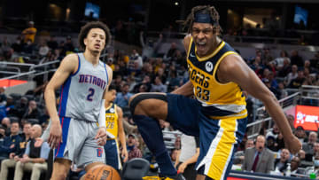 Dec 16, 2021; Indianapolis, Indiana, USA; Indiana Pacers center Myles Turner (33) reacts to his slam dunk in the second half against the Detroit Pistons at Gainbridge Fieldhouse. Mandatory Credit: Trevor Ruszkowski-USA TODAY Sports