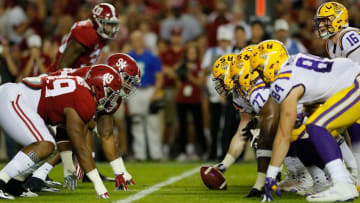 TUSCALOOSA, AL - NOVEMBER 04: The LSU Tigers offense faces the Alabama Crimson Tide defense at Bryant-Denny Stadium on November 4, 2017 in Tuscaloosa, Alabama. (Photo by Kevin C. Cox/Getty Images)