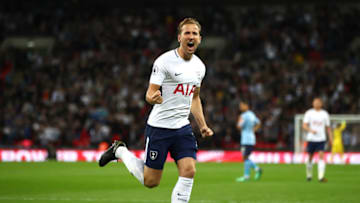 LONDON, ENGLAND - MAY 09: Harry Kane of Tottenham Hotspur celebrates after scoring his sides first goal during the Premier League match between Tottenham Hotspur and Newcastle United at Wembley Stadium on May 9, 2018 in London, England. (Photo by Julian Finney/Getty Images)