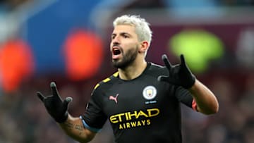 BIRMINGHAM, ENGLAND - JANUARY 12: Sergio Aguero of Manchester CIty celebrates after he scores his sides fifth goal during the Premier League match between Aston Villa and Manchester City at Villa Park on January 12, 2020 in Birmingham, United Kingdom. (Photo by Catherine Ivill/Getty Images)