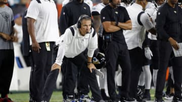 Sep 30, 2021; Cincinnati, Ohio, USA; Jacksonville Jaguars head coach Urban Meyer watches game action during the second quarter against the Cincinnati Bengals at Paul Brown Stadium. Mandatory Credit: Joseph Maiorana-USA TODAY Sports