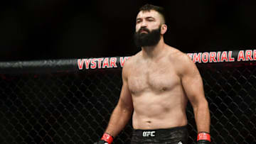 May 13, 2020; Jacksonville, Florida, USA; Andrei Arlovski (red gloves) prepares to fight Philipe Lins (blue gloves) during UFC Fight Night at VyStar Veterans Memorial Arena. Mandatory Credit: Jasen Vinlove-USA TODAY Sports
