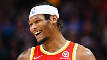 SALT LAKE CITY, UTAH - NOVEMBER 09: Cam Reddish #22 of the Atlanta Hawks in action during a game against the Utah Jazz at Vivint Smart Home Arena on November 09, 2021 in Salt Lake City, Utah. NOTE TO USER: User expressly acknowledges and agrees that, by downloading and or using this photograph, User is consenting to the terms and conditions of the Getty Images License Agreement. (Photo by Alex Goodlett/Getty Images)
