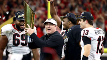 INDIANAPOLIS, IN - JANUARY 10: Head Coach Kirby Smart of the Georgia Bulldogs celebrates after defeating the Alabama Crimson Tide during the College Football Playoff Championship held at Lucas Oil Stadium on January 10, 2022 in Indianapolis, Indiana. (Photo by Jamie Schwaberow/Getty Images)