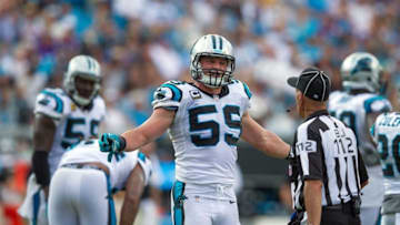 Sep 25, 2016; Charlotte, NC, USA; Carolina Panthers middle linebacker Luke Kuechly (59) argues a no call in the fourth quarter against the Minnesota Vikings at Bank of America Stadium. The Vikings defeated the Panthers 22-10. Mandatory Credit: Jeremy Brevard-USA TODAY Sports