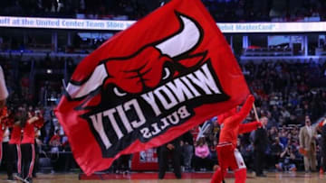 Feb 24, 2016; Chicago, IL, USA; Chicago Bulls mascot Benny the Bull with a Windy City Bulls banner during the second quarter against the Washington Wizards at the United Center. Mandatory Credit: Dennis Wierzbicki-USA TODAY Sports
