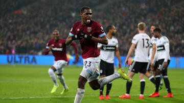 LONDON, ENGLAND - FEBRUARY 22: Issa Diop of West Ham United celebrates scoring his side's second goal during the Premier League match between West Ham United and Fulham FC at the London Stadium on February 22, 2019 in London, United Kingdom. (Photo by Catherine Ivill/Getty Images)