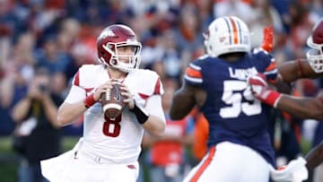AUBURN, AL - OCTOBER 22: Austin Allen #8 of the Arkansas Razorbacks looks to pass against the Auburn Tigers in the first quarter of the game at Jordan-Hare Stadium on October 22, 2016 in Auburn, Alabama. (Photo by Joe Robbins/Getty Images)