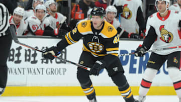 BOSTON, MA - OCTOBER 8: David Backes #42 of the Boston Bruins skates against the Ottawa Senators at the TD Garden on October 8, 2018 in Boston, Massachusetts. (Photo by Steve Babineau/NHLI via Getty Images)
