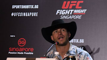 UFC Mixed Martial Arts (MMA) fighter Donald 'Cowboy' Cerrone of the US speaks during a press conference ahead of his UFC Fights Night bout against Leon 'Rocky' Edwards of Britain in Singapore on April 25, 2018. (Photo by Roslan RAHMAN / AFP) (Photo credit should read ROSLAN RAHMAN/AFP/Getty Images)