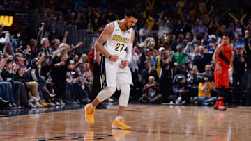 DENVER, CO - APRIL 9: Jamal Murray #27 of the Denver Nuggets reacts during the game against the Portland Trail Blazers on April 9, 2018 at the Pepsi Center in Denver, Colorado. NOTE TO USER: User expressly acknowledges and agrees that, by downloading and/or using this Photograph, user is consenting to the terms and conditions of the Getty Images License Agreement. Mandatory Copyright Notice: Copyright 2018 NBAE (Photo by Bart Young/NBAE via Getty Images)
