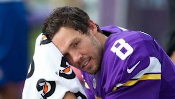Sep 25, 2016; Charlotte, NC, USA; Minnesota Vikings quarterback Sam Bradford (8) sits on the bench in the fourth quarter against the Carolina Panthers at Bank of America Stadium. The Vikings defeated the Panthers 22-10. Mandatory Credit: Jeremy Brevard-USA TODAY Sports