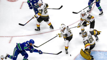 EDMONTON, ALBERTA - AUGUST 30: Marc-Andre Fleury #29 of the Vegas Golden Knights makes a save on a shot by Elias Pettersson #40 of the Vancouver Canucks during the second period in Game Four of the Western Conference Second Round during the 2020 NHL Stanley Cup Playoffs at Rogers Place on August 30, 2020 in Edmonton, Alberta, Canada. (Photo by Bruce Bennett/Getty Images)