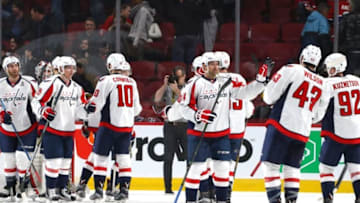 Jan 9, 2017; Montreal, Quebec, CAN; Washington Capitals players celebrate their win against Montreal Canadiens at Bell Centre. Mandatory Credit: Jean-Yves Ahern-USA TODAY Sports
