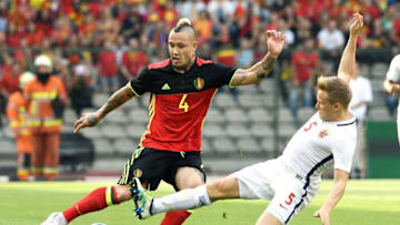 Belgium's Radja Nainggolan (L) vies with Norway's Jonas Svensson during a friendly football match between Belgium and Norway at the King Baudouin Stadium, on June 5, 2016 in Brussels. / AFP / Belga / YORICK JANSENS / Belgium OUT (Photo credit should read YORICK JANSENS/AFP/Getty Images)