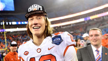 CHARLOTTE, NC - DECEMBER 01: Trevor Lawrence #16 of the Clemson Tigers celebrates after their win over the Pittsburgh Panthers in the ACC Championship game at Bank of America Stadium on December 1, 2018 in Charlotte, North Carolina. Clemson won 42-10. (Photo by Grant Halverson/Getty Images)