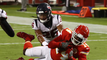 KANSAS CITY, MISSOURI - SEPTEMBER 10: Sammy Watkins #14 of the Kansas City Chiefs dives for the end zone but comes up short as Vernon Hargreaves III tackles during the second quarter at Arrowhead Stadium on September 10, 2020 in Kansas City, Missouri. (Photo by Jamie Squire/Getty Images)