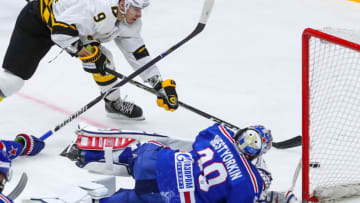 ST PETERSBURG, RUSSIA FEBRUARY 11, 2019: Severstal Cherepovets' Carter Ashton (L) and SKA St Petersburg goaltender Igor Shestyorkin in their 2018/19 KHL Regular Season ice hockey match at St Petersburg's Ice Palace. Alexander Demianchuk/TASS (Photo by Alexander DemianchukTASS via Getty Images)