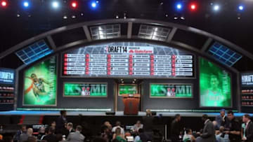 Jun 26, 2014; Brooklyn, NY, USA; A general view as the names of the first round draft picks are displayed above the stage during the 2014 NBA Draft at the Barclays Center. Mandatory Credit: Brad Penner-USA TODAY Sports