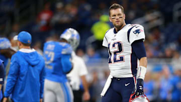 DETROIT, MI - SEPTEMBER 23: Tom Brady #12 of the New England Patriots walks on the field prior to the start of the game against the Detroit Lions at Ford Field on September 23, 2018 in Detroit, Michigan. (Photo by Rey Del Rio/Getty Images)