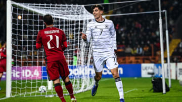 YEREVAN, ARMENIA - NOVEMBER 14: Kai Havertz of Germany celebrates his team's first goal during the 2022 FIFA World Cup Qualifier match between Armenia and Germany at Vazgen Sargsyan Republican Stadium on November 14, 2021 in Yerevan, Armenia. (Photo by Marvin Ibo Guengoer/Getty Images)