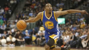 Apr 16, 2014; Denver, CO, USA; Golden State Warriors guard Jordan Crawford (55) during the second half against the Denver Nuggets at Pepsi Center. The Warriors won 116-112. Mandatory Credit: Chris Humphreys-USA TODAY Sports