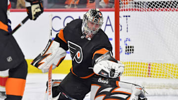 Oct 27, 2022; Philadelphia, Pennsylvania, USA; Philadelphia Flyers goaltender Carter Hart (79) makes a save against the Florida Panthers during the third period at Wells Fargo Center. Mandatory Credit: Eric Hartline-USA TODAY Sports