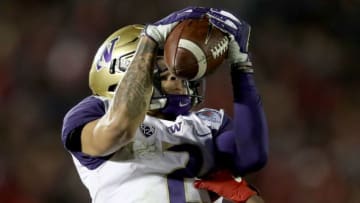 PASADENA, CA - JANUARY 01: Aaron Fuller #2 of the Washington Huskies makes a catch during the second half in the Rose Bowl Game presented by Northwestern Mutual at the Rose Bowl on January 1, 2019 in Pasadena, California. (Photo by Sean M. Haffey/Getty Images)