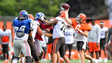 BEREA, OH - AUGUST 19: Baker Mayfield #6 of the Cleveland Browns throws a pass during a joint practice with the New York Giants on August 19, 2021 in Berea, Ohio. (Photo by Nick Cammett/Getty Images)