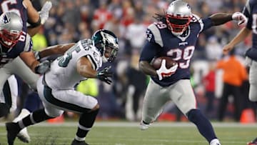 Dec 6, 2015; Foxborough, MA, USA; Philadelphia Eagles linebacker Mychal Kendricks (95) attempts to tackle New England Patriots running back LeGarrette Blount (29) during the second quarter at Gillette Stadium. Mandatory Credit: Stew Milne-USA TODAY Sports