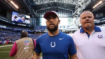 Oct 4, 2015; Indianapolis, IN, USA; Indianapolis Colts quarterback Andrew Luck (12) walks off the field after the game against the Jacksonville Jaguars at Lucas Oil Stadium. Indianapolis defeats Jacksonville 16-13 in overtime. Mandatory Credit: Brian Spurlock-USA TODAY Sports