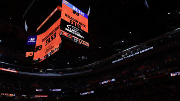 PHILADELPHIA, PENNSYLVANIA - MARCH 07: A sign welcoming back fans is seen in a game between the Philadelphia Flyers and the Washington Capitals at Wells Fargo Center on March 07, 2021 in Philadelphia, Pennsylvania. The game marked the first in 362 days where a partial crowd of 3,100 was allowed. (Photo by Tim Nwachukwu/Getty Images)