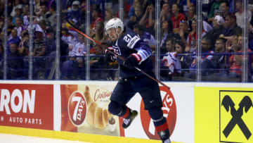 KOSICE, SLOVAKIA - MAY 19: Dylan Larkin #21 of United States celebrates after he scores the 2nd goal over Mathias Niederberger #35, goaltender of Germany during the 2019 IIHF Ice Hockey World Championship Slovakia group A game between Germany and United States at Steel Arena on May 19, 2019 in Kosice, Slovakia. (Photo by Martin Rose/Getty Images)