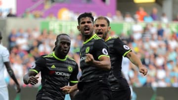 SWANSEA, WALES - SEPTEMBER 11: Diego Costa of Chelsea celebrates his second goal which he scored with a bicycle kick during the Premier League match between Swansea City and Chelsea at The Liberty Stadium on September 11, 2016 in Swansea, Wales. (photo by Athena Pictures/Getty Images)