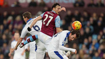 BIRMINGHAM, ENGLAND - JANUARY 16: Libor Kozak of Aston Villa and Robert Huth and Christian Fuchs of Leicester City during the Barclays Premier League match between Aston Villa and Leicester City at Vila Park on January 16, 2016 in Birmingham, England. (Photo by James Baylis - AMA/Getty Images)