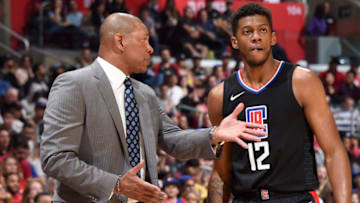 LOS ANGELES, CA - FEBRUARY 3: Head Coach Doc Rivers talks to Tyrone Wallace