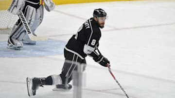 LOS ANGELES, CA - DECEMBER 9: Drew Doughty #8 of the Los Angeles Kings handles the puck during a game against the Carolina Hurricanes at STAPLES Center on December 9, 2017 in Los Angeles, California. (Photo by Adam Pantozzi/NHLI via Getty Images)
